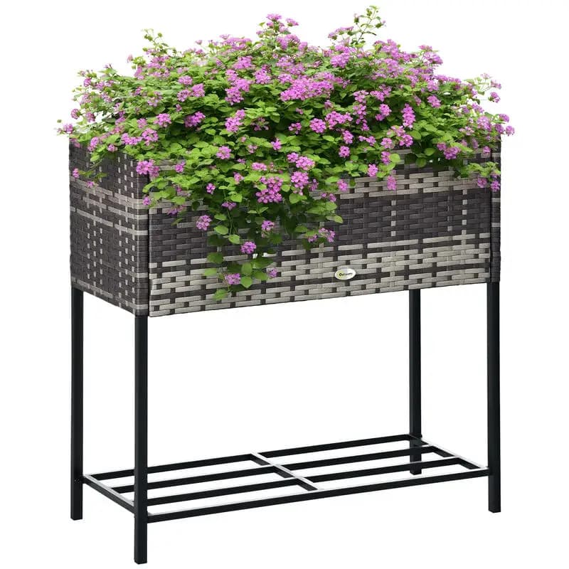 Fioriera rialzata, vaso elevato effetto vimini in rattan, ripiano porta attrezzi, design portatile per erbe aromatiche, verdure, fiori