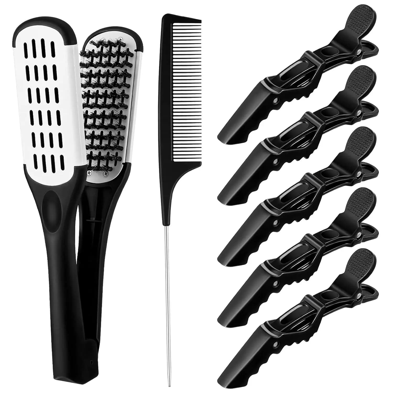 Set di Spazzole Lisciante per Capelli con Pettine a Coda di Cinghiale, 5 Clip a Coccodrillo, Pettine a Coda di Topo per lo Styling