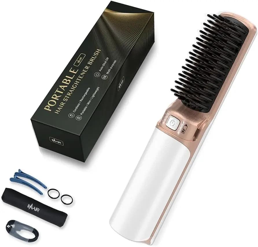 Portable USB Rechargeable Hair Plate Brush, Travel Size 2 in 1 for Short Hair, White