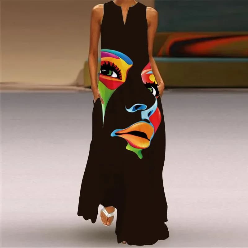 Long dress with print abstract mask for women Long sleeveless dress with V neck Casual Clothing Long Dress for Women