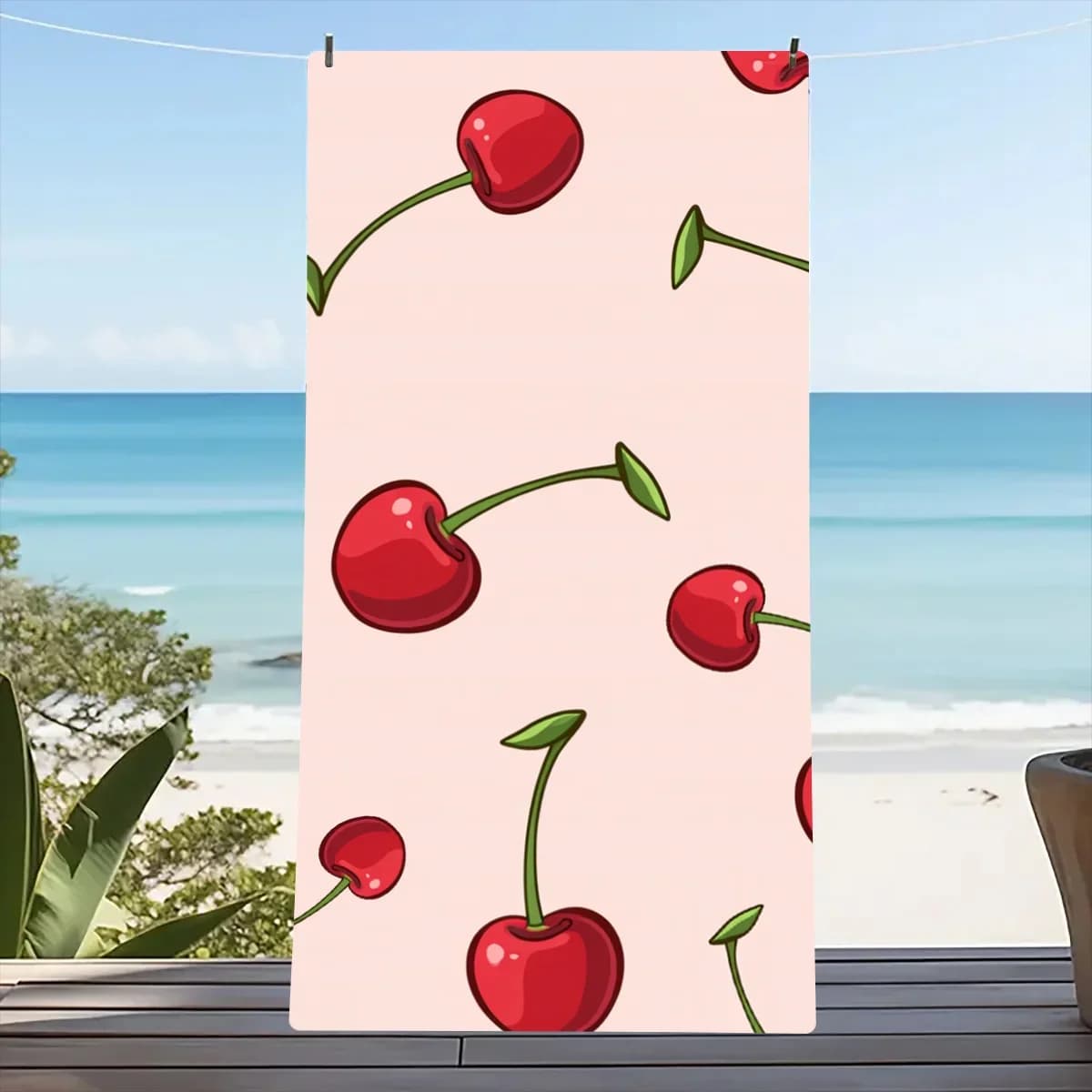 Telo mare con motivo ciliegia, protezione solare e antivento, adatto per piscina da spiaggia, campeggio, viaggio, coperta da spiaggia