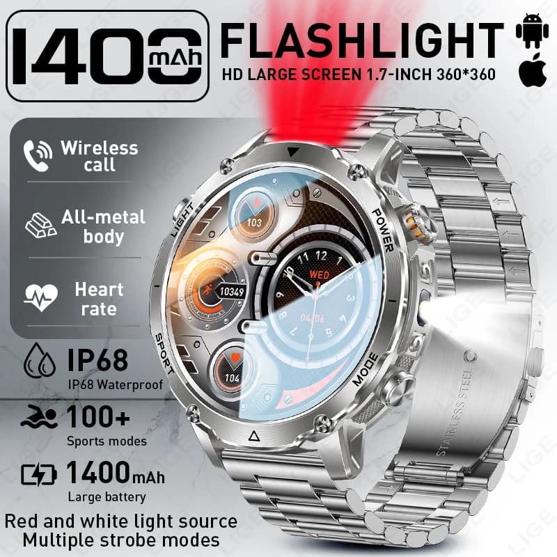 FOXBOX Smartwatch Sport Fitness Bluetooth Call Flashlight Waterproof Health Monitor 1400mAh Battery Durable Men's Smart Watches