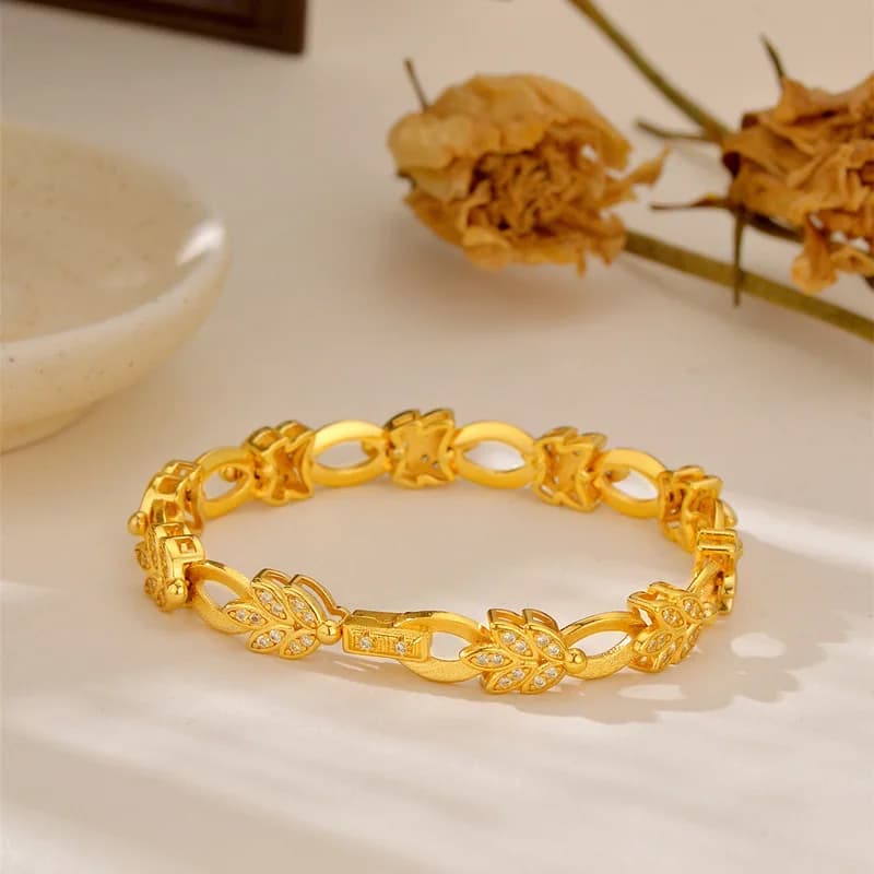 Bracciale da donna con foglie di grano in oro puro 24K 9999 di lusso in oro puro con bracciale con foglie di moissanite