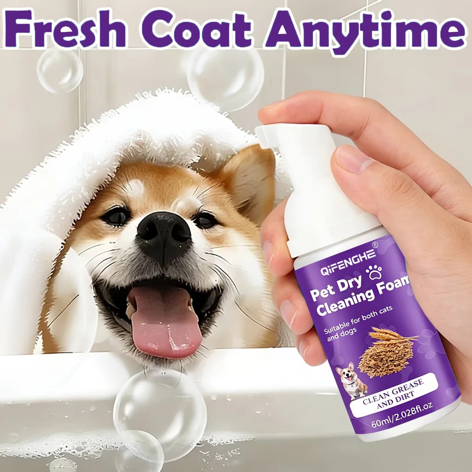 QIFENGHE Schiuma per Pulizia a Secco per Animali Domestici 60ml, Shampoo Senza Acqua per Cani e Gatti, Detergente in Schiuma Senza Risciacquo per Zampe, Pelo, Grasso e Sporco