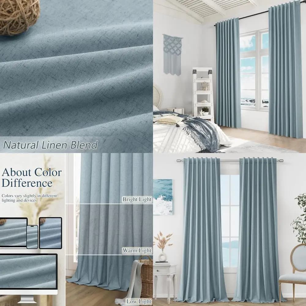 Thermal Insulating Blinds in Linen, Length 84, Blue Powder, Set of 2 Living Room Panels and Bedrooms