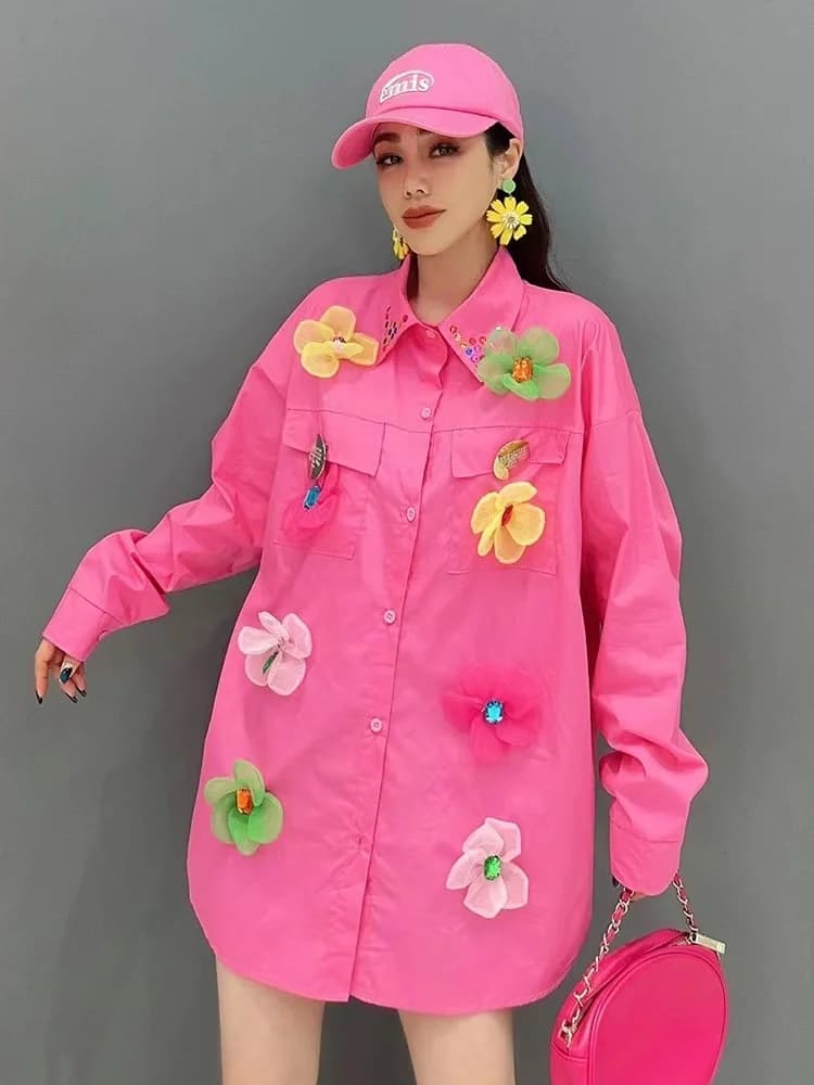 Camicie Oversize Lunghe in Cotone con Paillettes e Fiori per Donna, Primavera 2025, Maniche Lunghe, Stile Y2K, Blusas