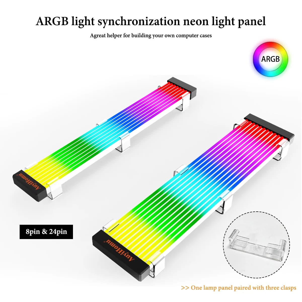 Pannello Luminoso ARGB Neon per Cavi PSU 8Pin/24Pin - Kit Striscia LED Sincronizzata con Scheda Madre con Clip di Montaggio