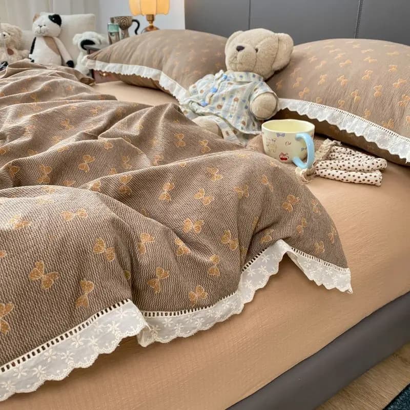 INS French Lace Trim Bowknot double layer gauze cover Set of four pieces Simple sheet with corners Sleeping in three pieces
