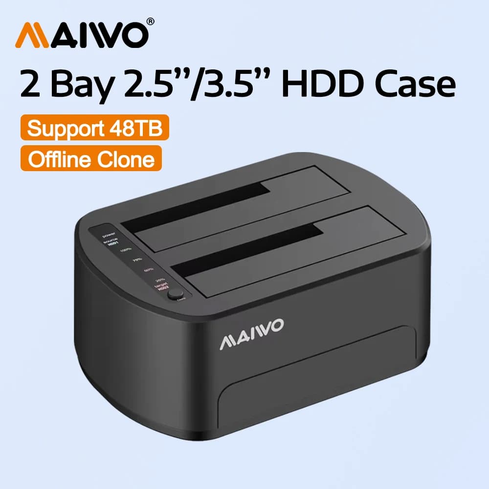 MAIWO Docking Station per HDD da 2.5/3.5 Pollici, Box Esterno Dual-Bay per SSD/HDD con Funzione Clone Offline