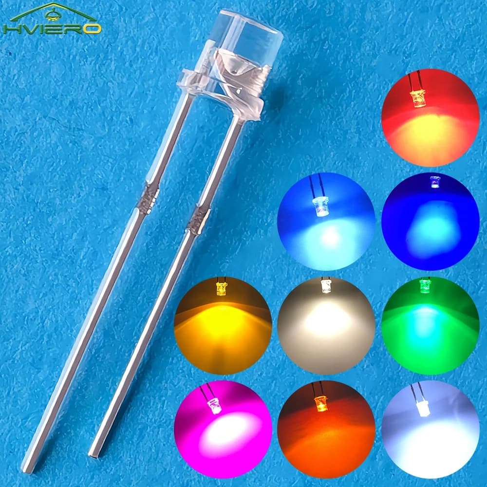100X F3 3mm 2 pin Testa piatta LED luminoso Decorazione Lampadina Bianco Rosso Giallo Blu Acqua Trasparente Lampada a diodi emettitori di luce grandangolare