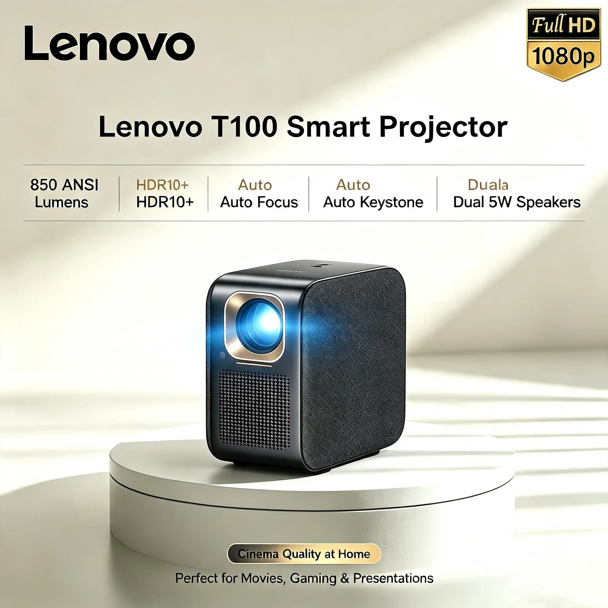Lenovo T100 Projector Global Version 850 ANSI Full HD Projector 4K Decode TV WiFi Smart Home Theater Autofocus Movie Beam