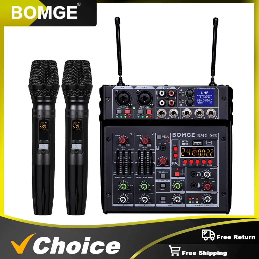 BOMGE 04E mixer audio karaoke con doppio microfono wireless UHF interfaccia audio console scheda audio per la registrazione in studio di feste