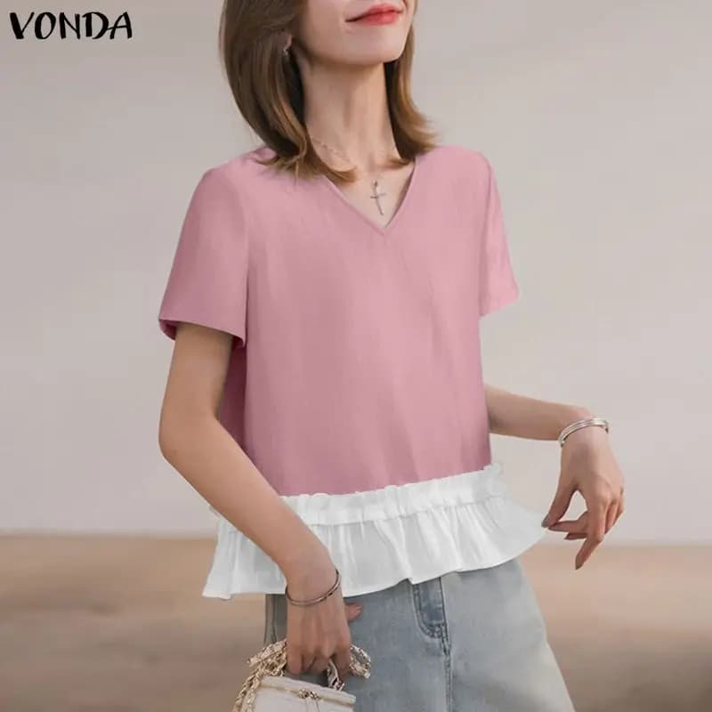 Camicette da donna estive a maniche corte con volant e patchwork VONDA, top alla moda con scollo a V, maglietta da lavoro OL, streetwear, blusa oversize