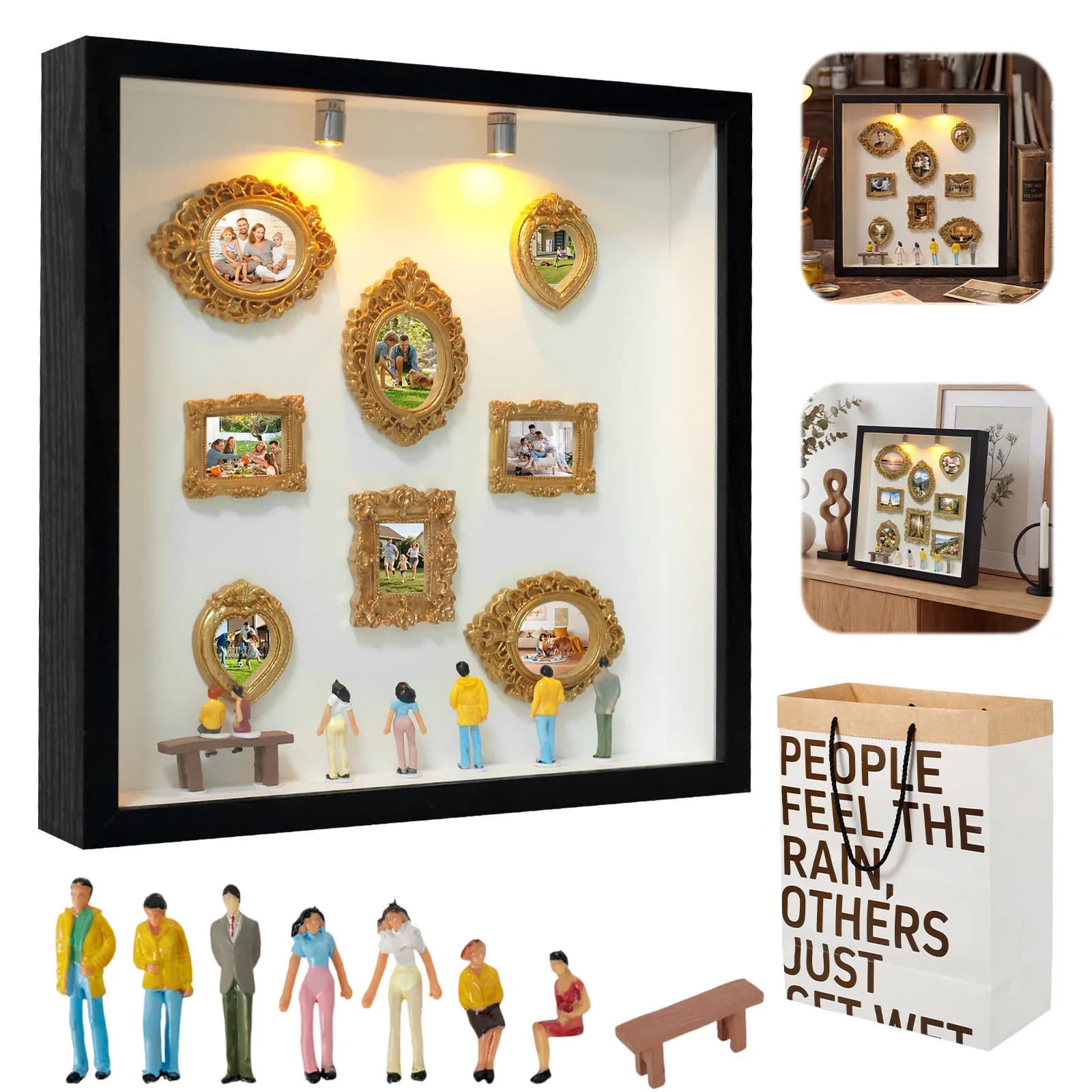 Mini Museum Photo Album Mini DIY Museum Silhouette Box Stylish Creative Memory Display Kit with Miniature Statue and Gold Frame