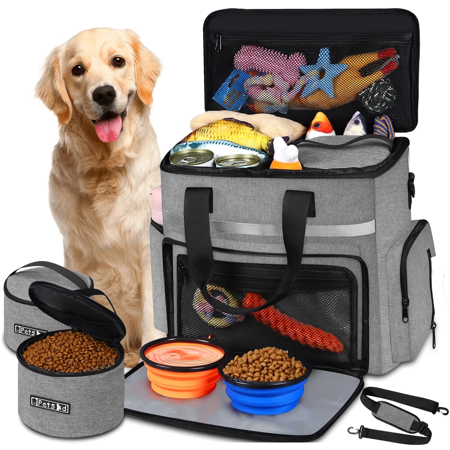 Petskd Borsa organizer per cani da esterno con set di ciotole Borsa da viaggio per riporre grandi tasche multifunzione Zaino contenitore per alimenti per animali domestici