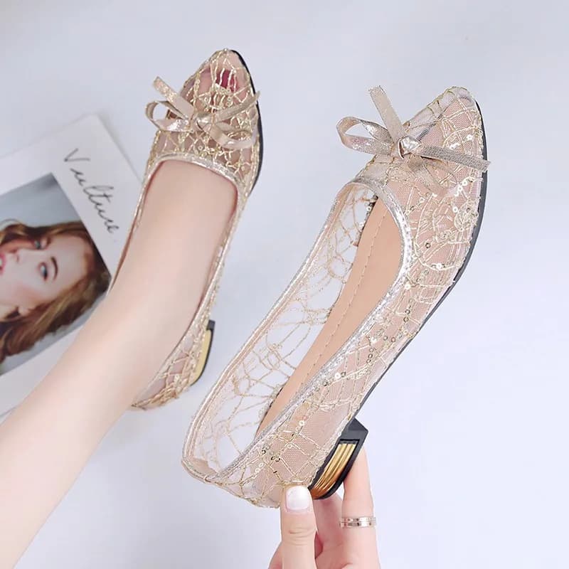 Scarpe singole da donna a punta Scarpe estive casual con tacco basso Traspiranti Comode antiscivolo Scarpe da donna con fiocco semplice resistenti all'usura