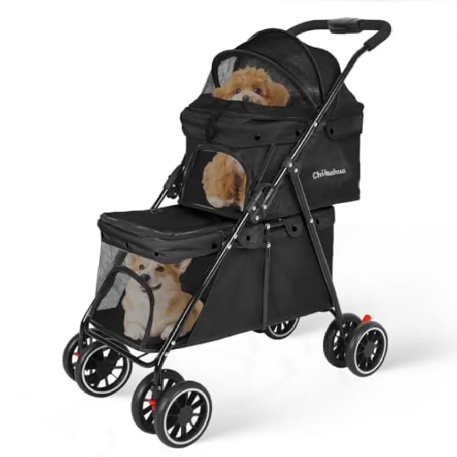 Passeggino doppio per cani e gatti, nero, design pieghevole leggero con 4 ruote bloccabili, ideale per due animali di taglia piccola o media