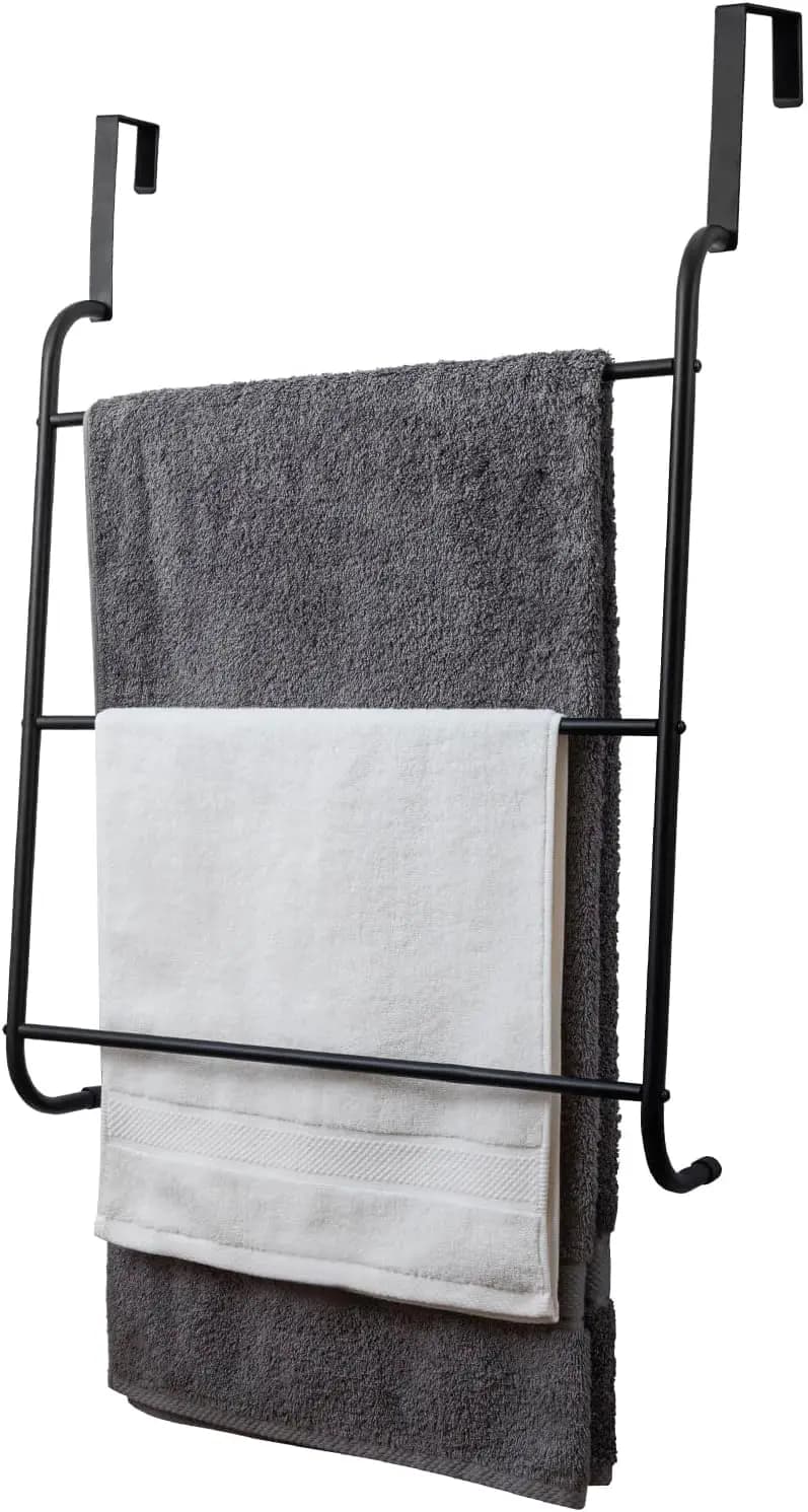 Portasciugamani da appendere alla porta in metallo nero opaco - Portasciugamani moderno a 3 livelli con triplo barra, salvaspazio per bagno/lavanderia