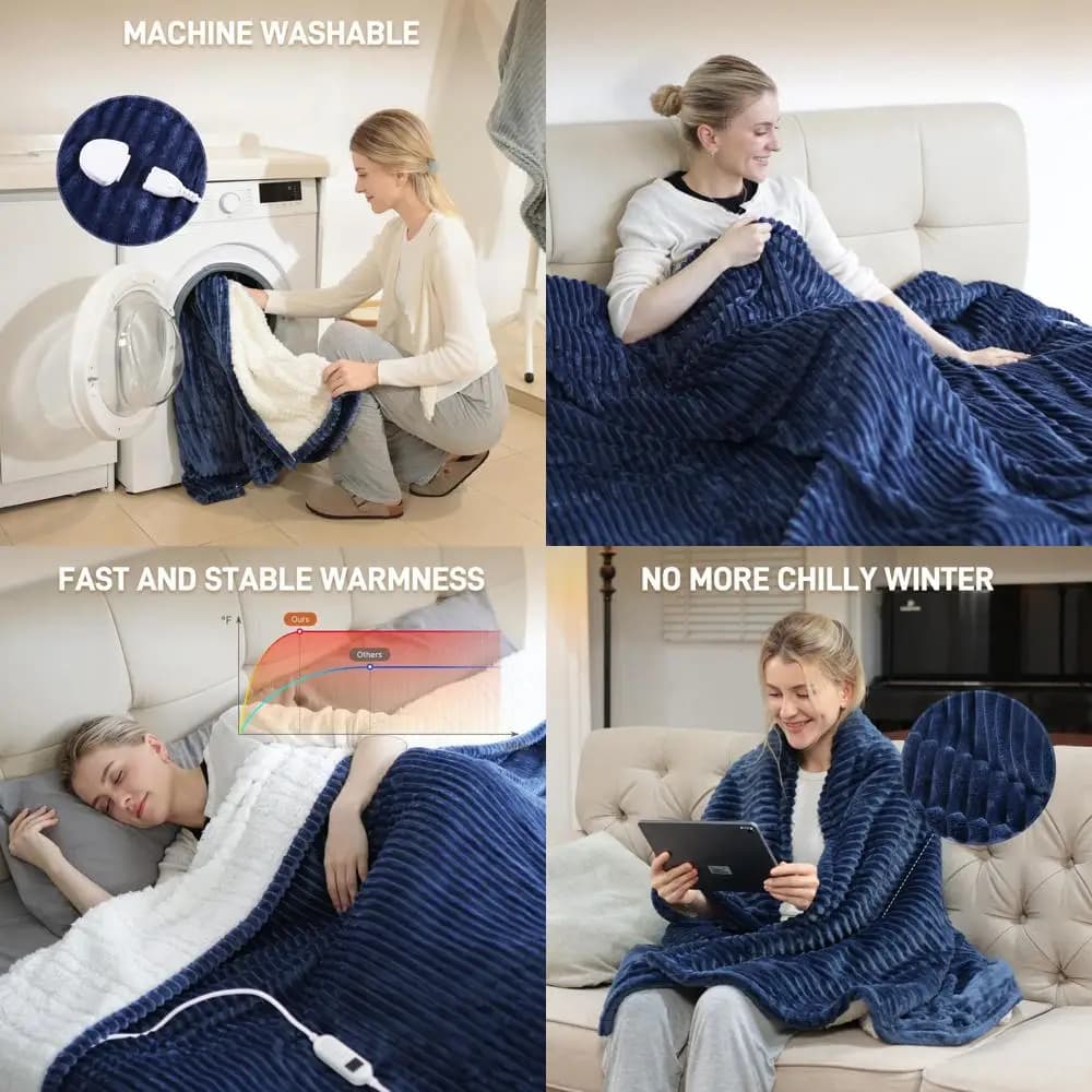 Coperta Elettrica in Flanella King Size 100 x 90 con 10 Timer, 6 Livelli di Calore, Lavabile in Lavatrice, Protezione da Surriscaldamento - Blu Navy