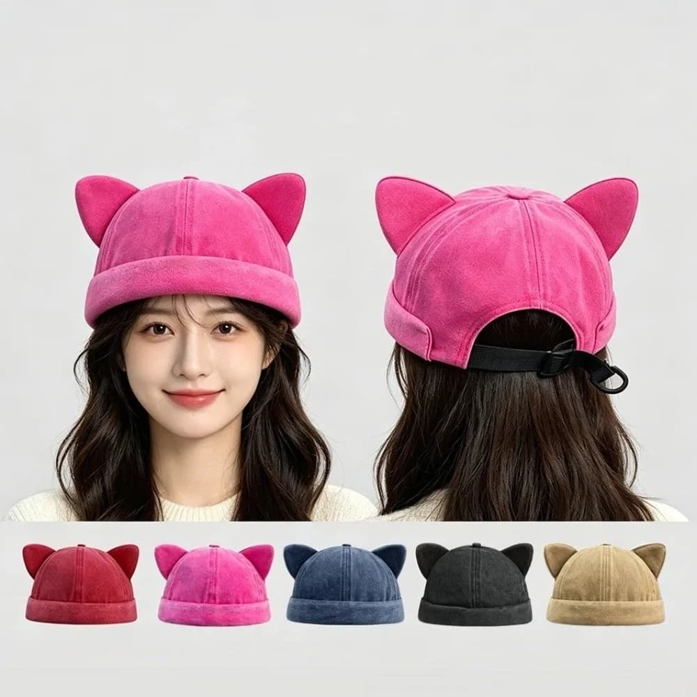Cappello alla Moda Regolabile con Orecchie da Gatto, Stile Landlord, Lavato, Tinta Unita, Senza Visiera, Traspirante, Unisex, Berretto da Donna