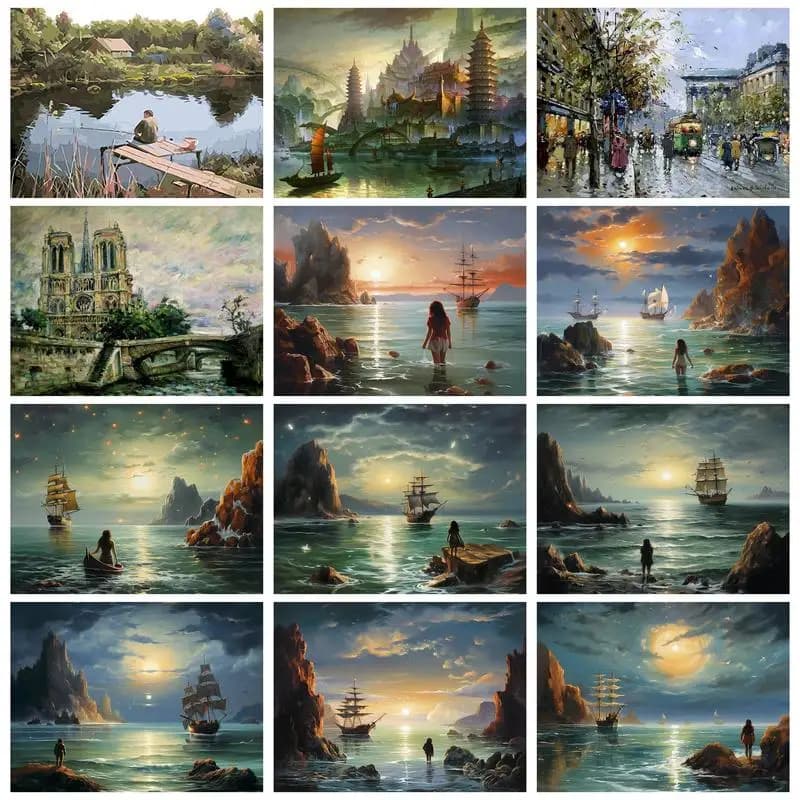 RUOPOTY Cornice Paesaggio marino Pittura fai da te con i numeri Immagine Pittura su tela Pittura acrilica su numeri Arte per la casa Immagine di arte della parete