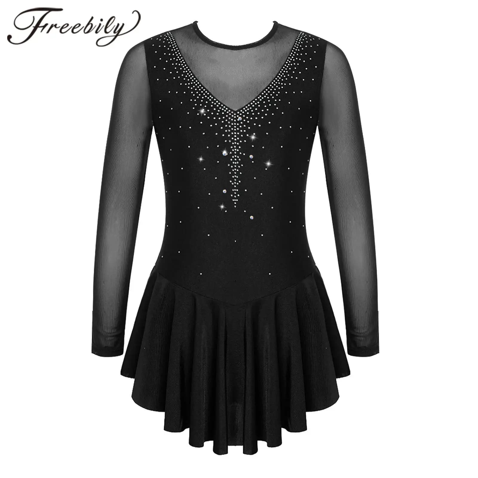 Vestito da pattinaggio di figura con strass per ragazze Vestito da balletto con giunture in rete per bambini Abiti da pattinaggio su ghiaccio Vestito da ballo per spettacoli teatrali