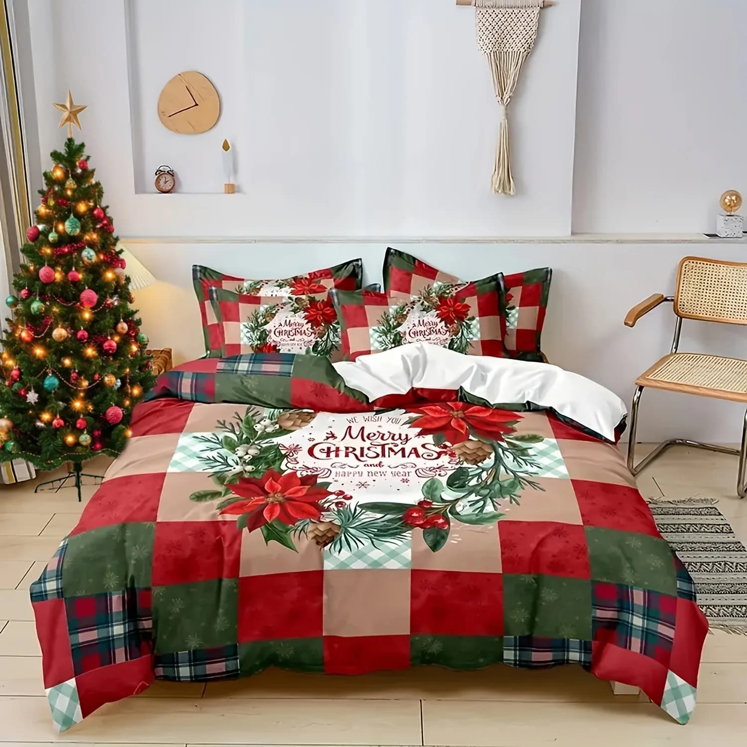 Copripiumino con motivo natalizio, ghirlanda floreale scozzese, set di biancheria da letto confortevole e morbido stampato per la decorazione della camera da letto del dormitorio