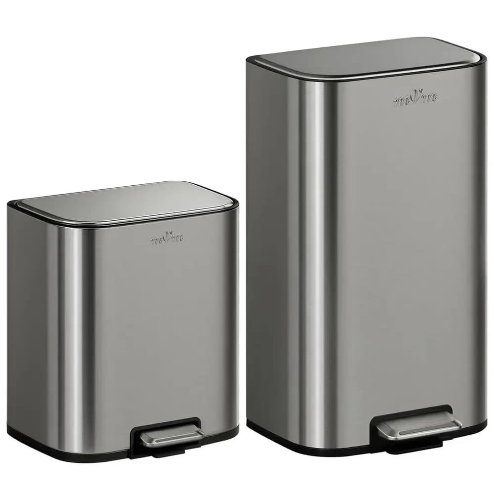 Dual-Bin Trash Can Set, 8+5.3 Gallon Step-On Wastebasket with Lid, Smooth Edge Design for Home Office (Gray)