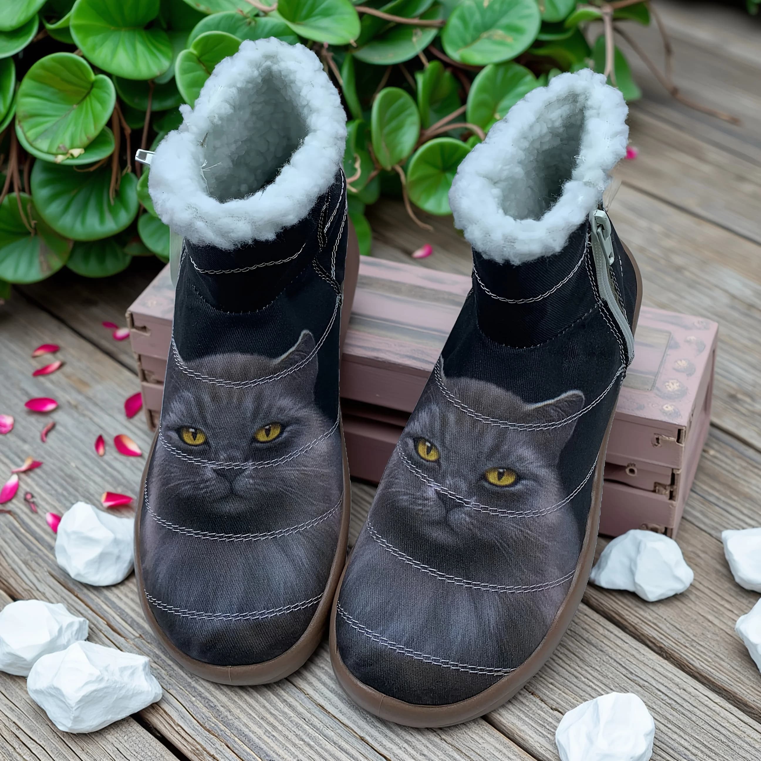 Stivali da neve regalo di Natale con stampa gatto nero di nuova moda invernale da donna, comodi stivali corti in peluche casual di grandi dimensioni con suola morbida e foderati in pile, scarponi da trekking, stivali da alpinismo. Un regalo invernale per gli amanti dei gatti.