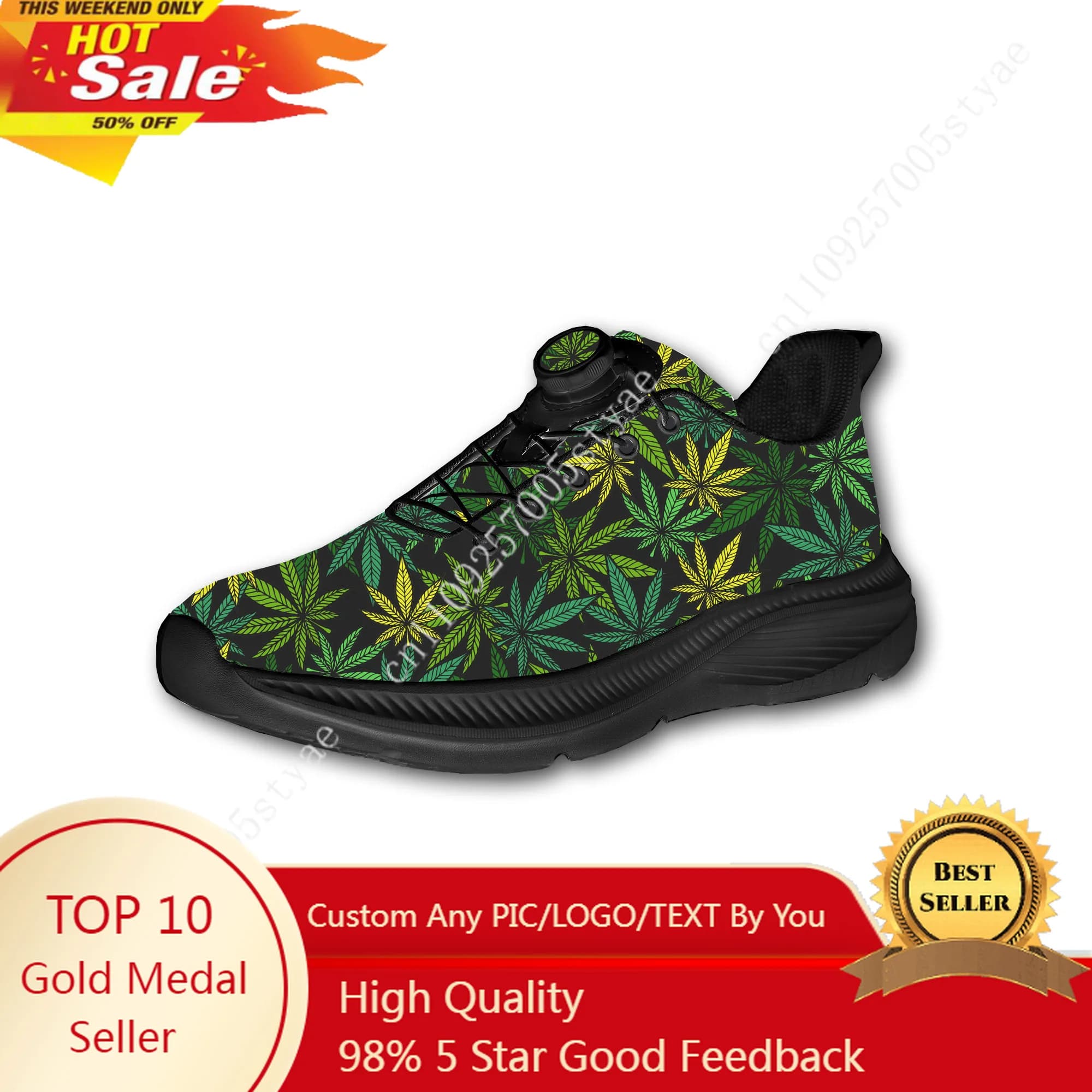 Scarpe da Corsa e Trekking Senza Lacci Girevoli da Uomo e Donna, Motivo Foglia Marijuana Rasta Verde-Giallo