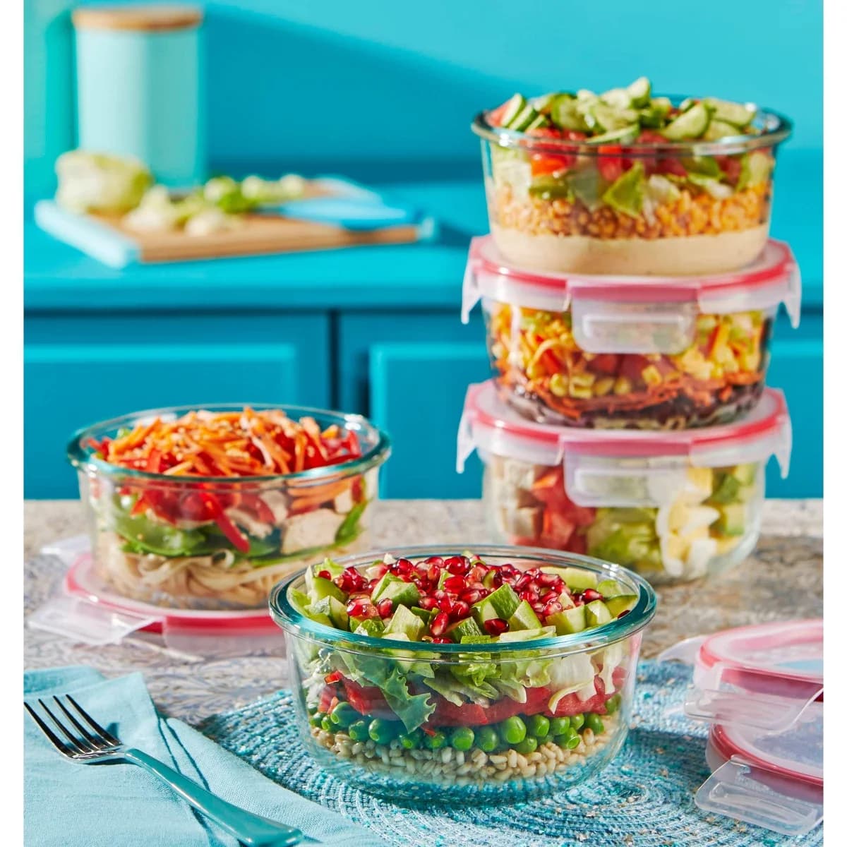 4 Cup Round Food Storage Container: Glass Container with Lid, Oven & Microwave Safe, Clear/Red