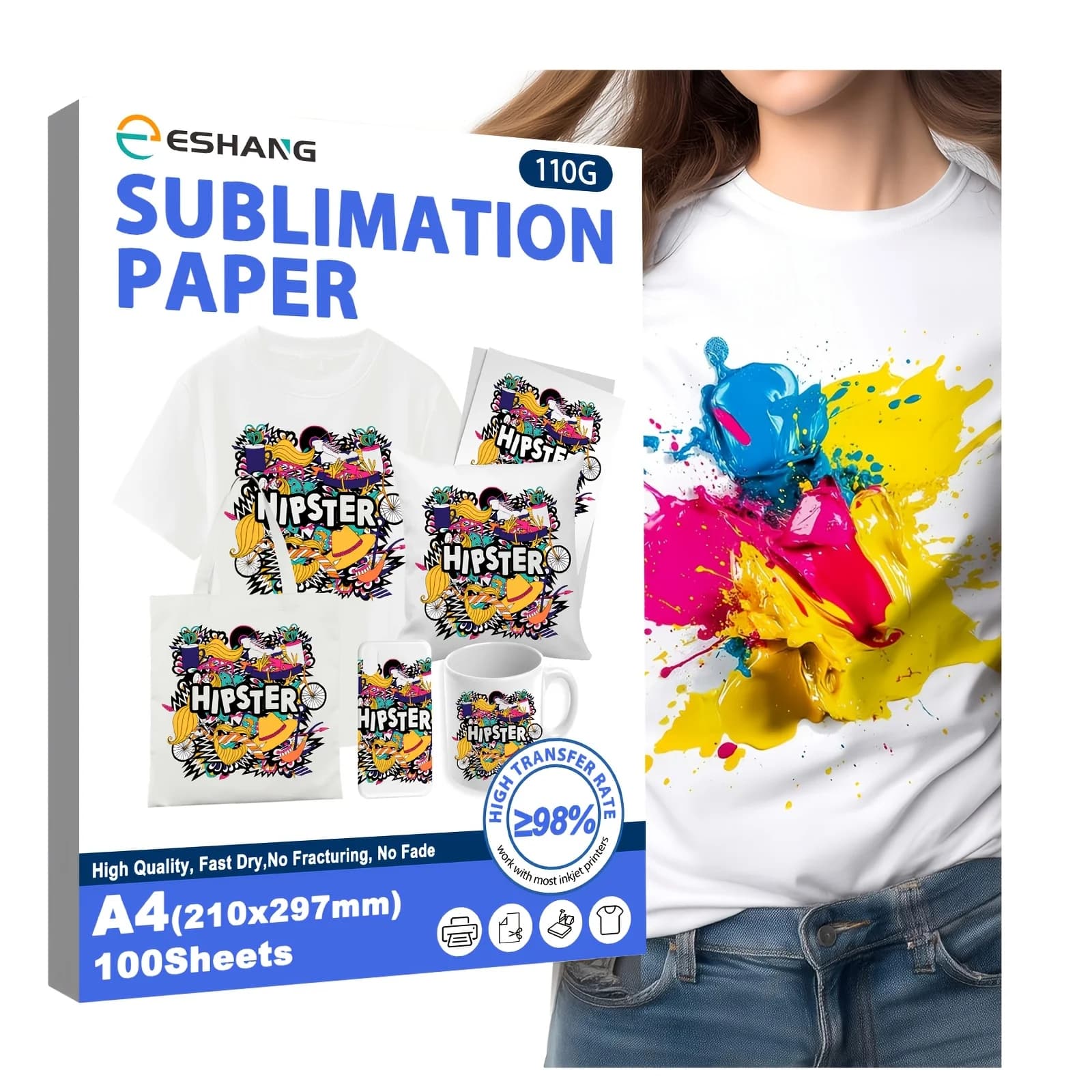 100 Sheets A4 Sublimation Paper 8.3 X 11.7 Inch Heat Transfer Paper for Inkjet Printers, Mugs, T-Shirts and Light Fabrics
