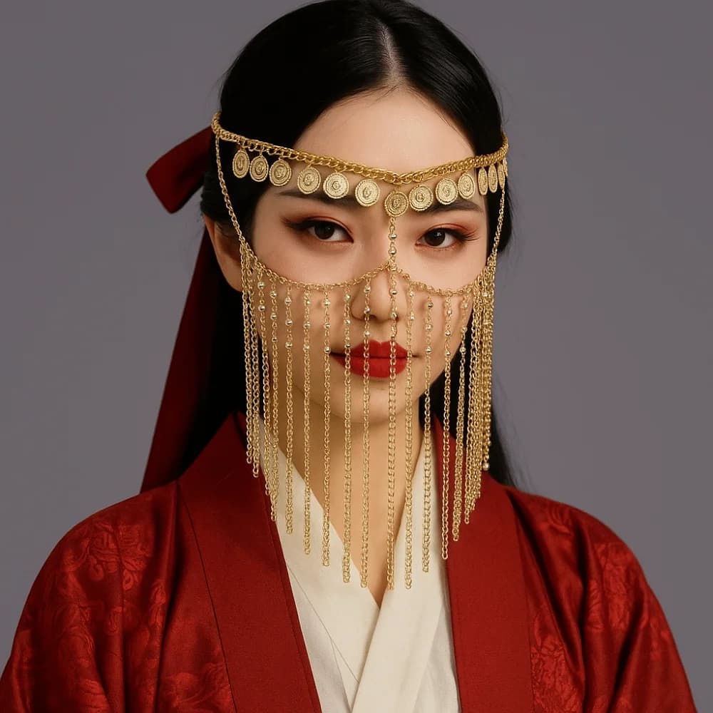 Creative Coin Bell Belly Dance Face Veil Gold Ethnic Style Curtain Head Chain Headwear Long Tassel Masquerade Mask Girl