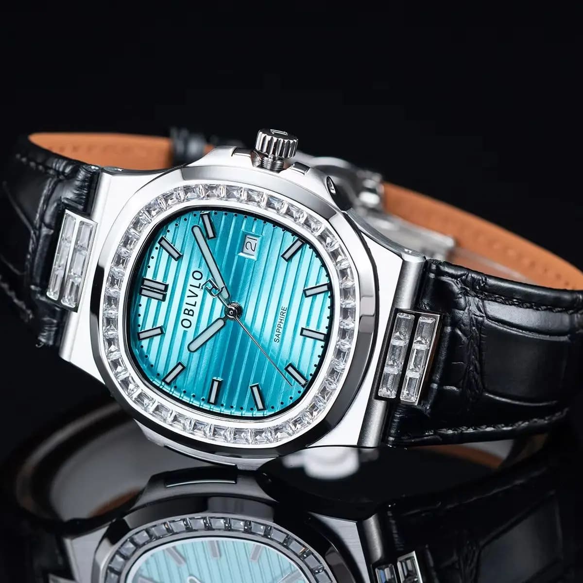 OBLVLO Men Quartz Watch 40mm Luxury Square Wristwatch Waterproof Sapphire Mirror Luminous Ronda 505 Crystal Bezel Striped Dial