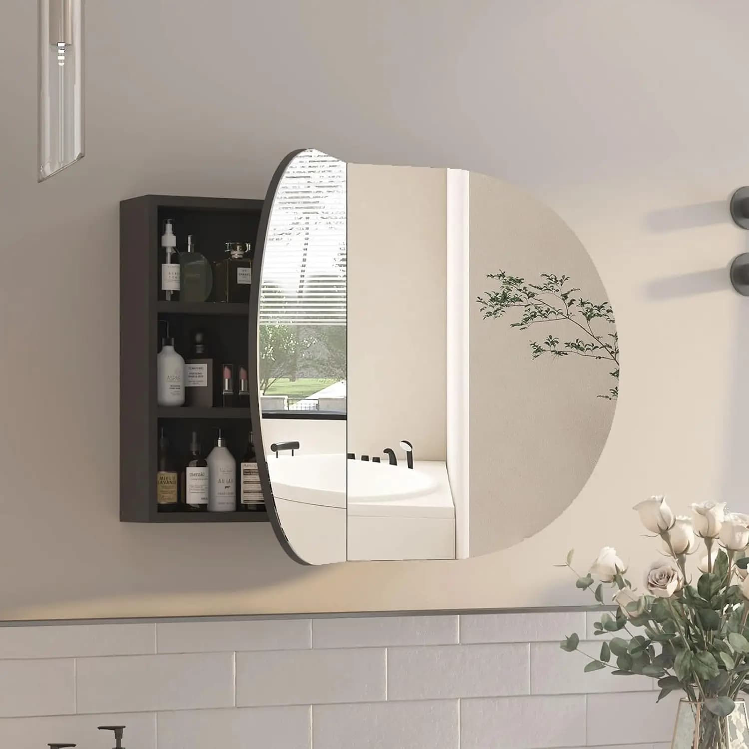 Armadietto Portamedicinali Ovale con Specchio per Bagno, Armadietto Portamedicinali da Bagno, Armadietto a Specchio Ovale da Parete con 3, Personalizzabile