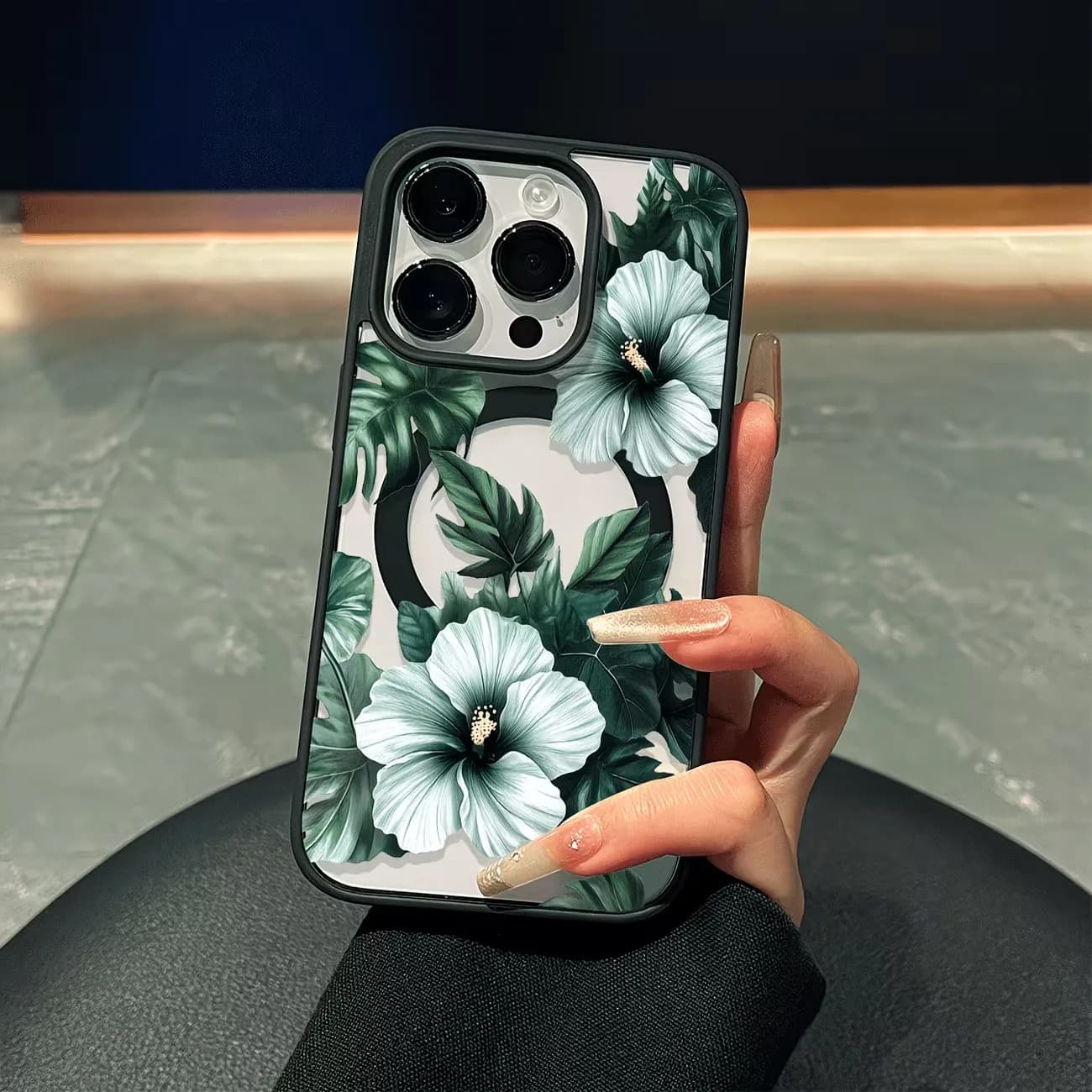 Green Floral Print Phone Case For iPhone 17 16 15 14 13 12 11 Pro XS Max X XR Plus Mini Air 17e 16e Clear MagSafe Magnetic Cover