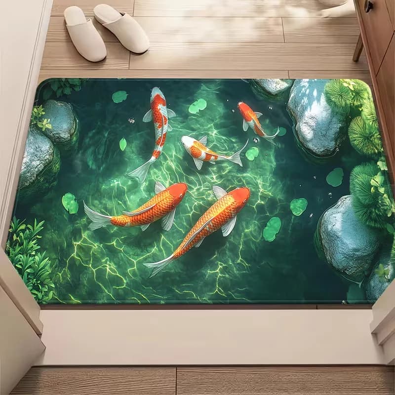 3D Illusione visiva Modello carpa Stampato Zerbino Corridoio Ingresso Assorbente acqua antiscivolo Tappetino di benvenuto Divertente Decorazioni per la casa Tappeto