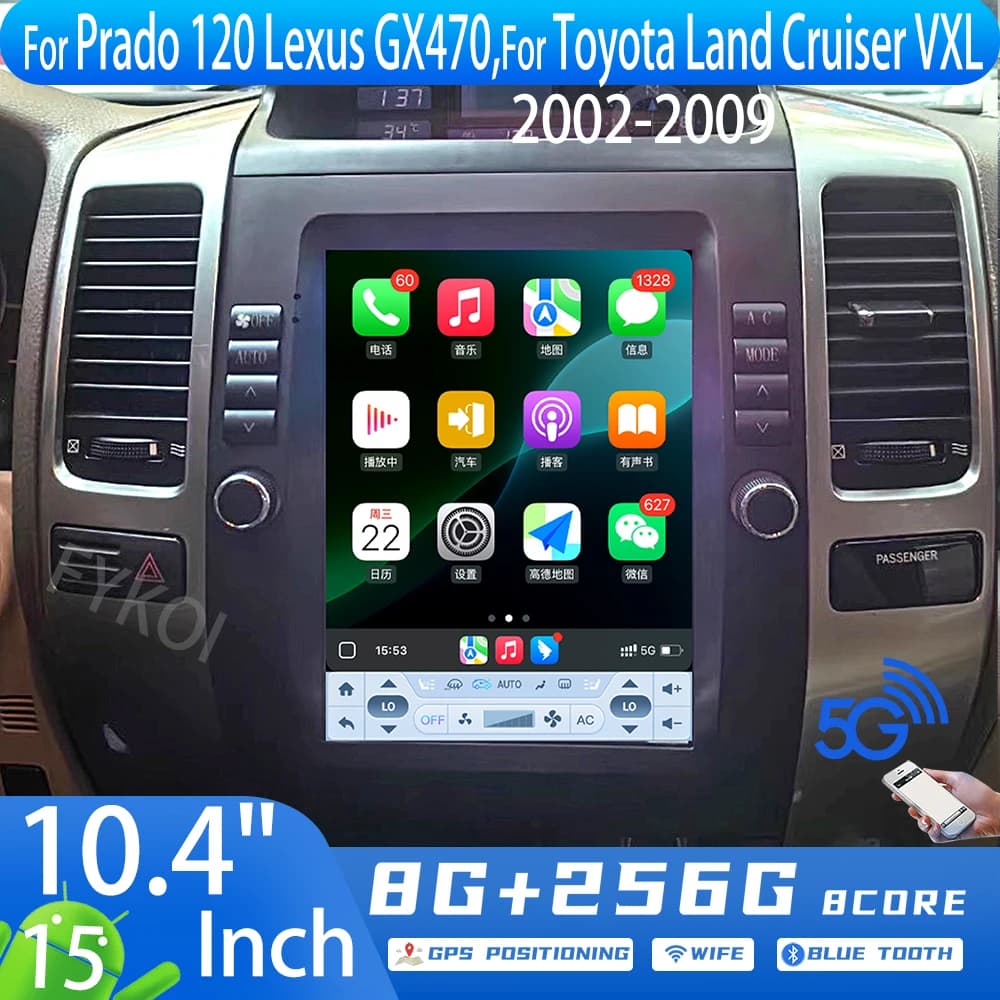 10.4" Android 15 for Prado 120 Lexus GX470，For Toyota Land Cruiser VXL 2002-2009 Car Intelligent Systems 2din Carplay GPS BT 4G