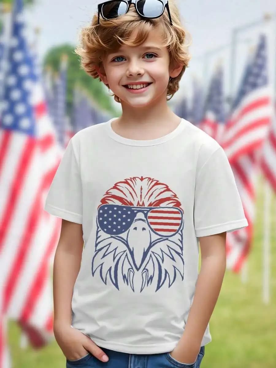 Kids T Shirt Cute American Eagle Wearing USA Flag Sunglasses Fun Boys Girls Summer Tee Gift Cool Graphic Top Fashion Casual Kids