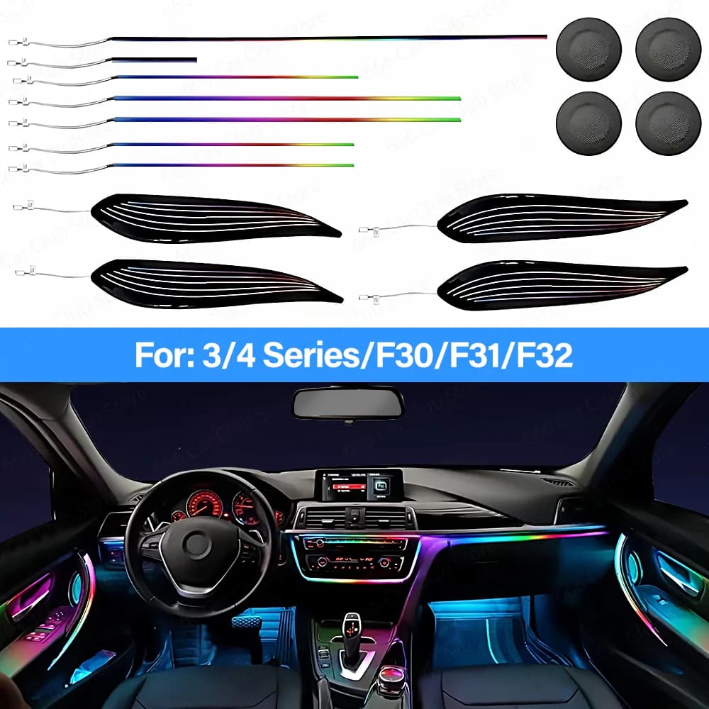 Luce ambientale a LED per BMW Serie 3/4 3GT F30 F31 F32 F34 Controllo app Kit di illuminazione per interni auto da 256 colori con telecomando e APP