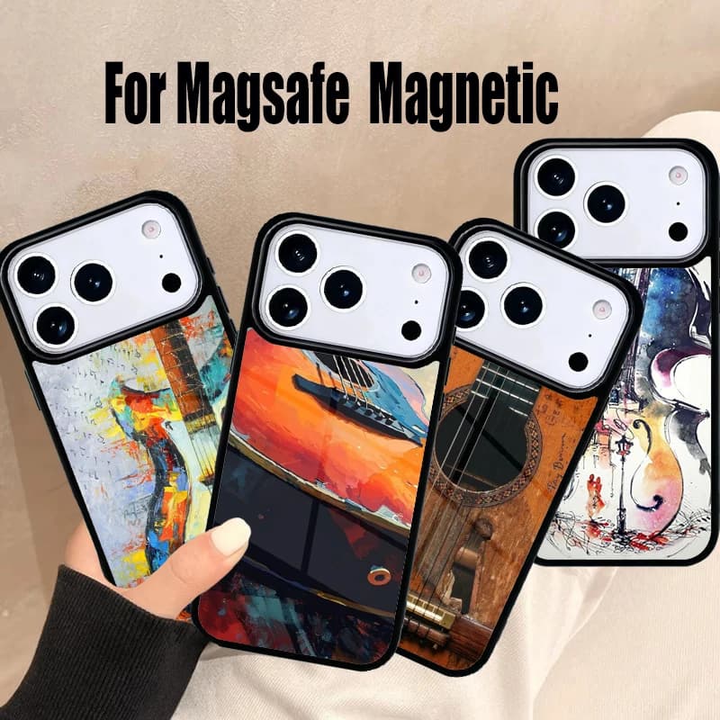 Custodia per telefono artistica con chitarra acustica per iPhone 17 Air 16e 15 14 13 12 11 Pro Max Plus, cover magnetica wireless Magsafe
