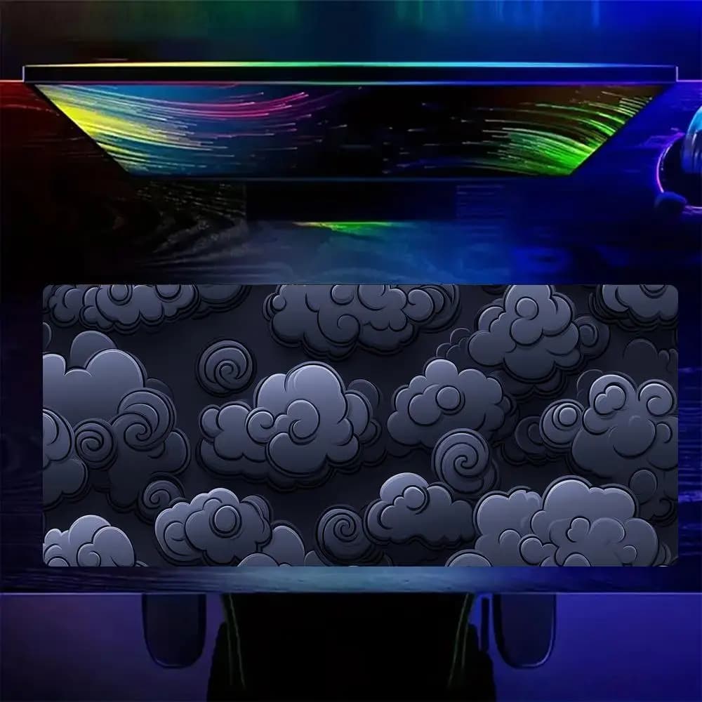 Japanese Cloud Pattern Large Mouse Pad Black Blue Anime Style Gaming Desk Mat Non-Slip Rubber Base Lockedge Keyboard Mat