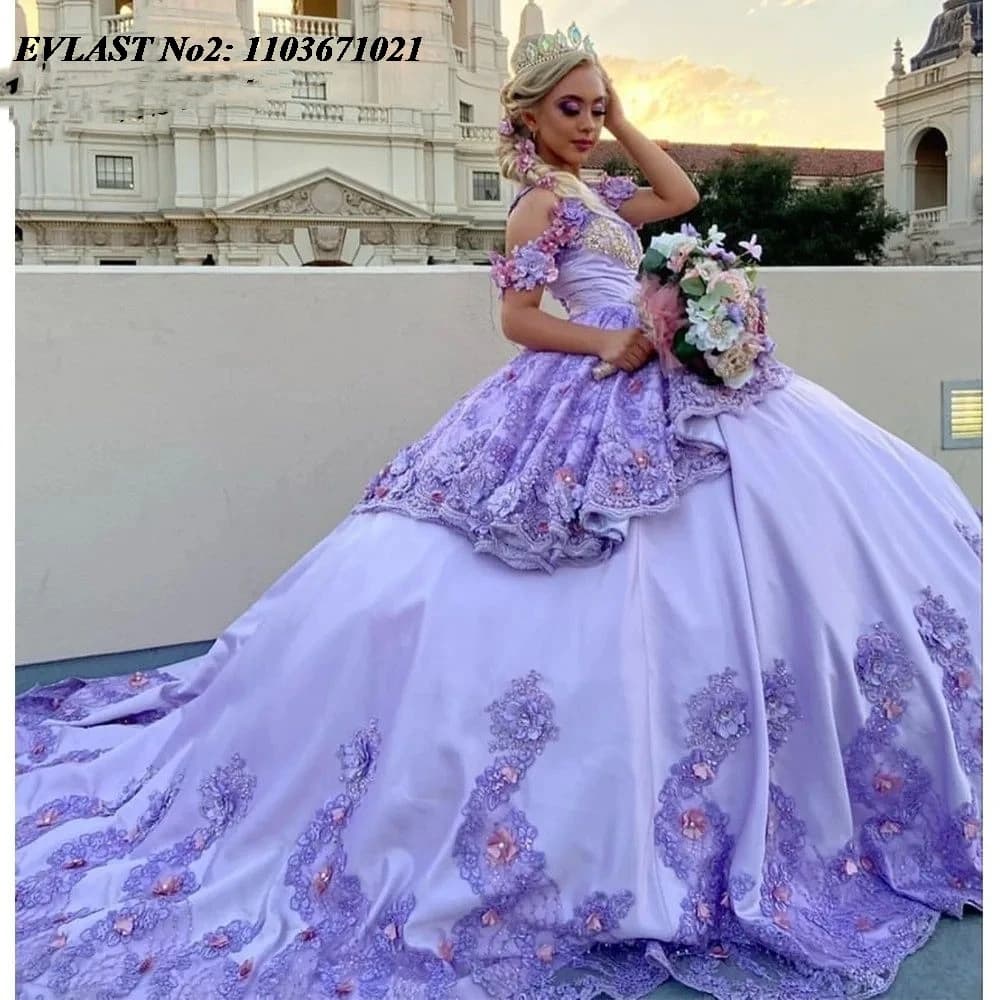 EVLAST Personalizzato Messicano Lilla Abito Quinceanera Abito di Sfera Paillettes Applique Floreale Che Borda Dolce 16 Abiti Da 15 Anos E2QA72