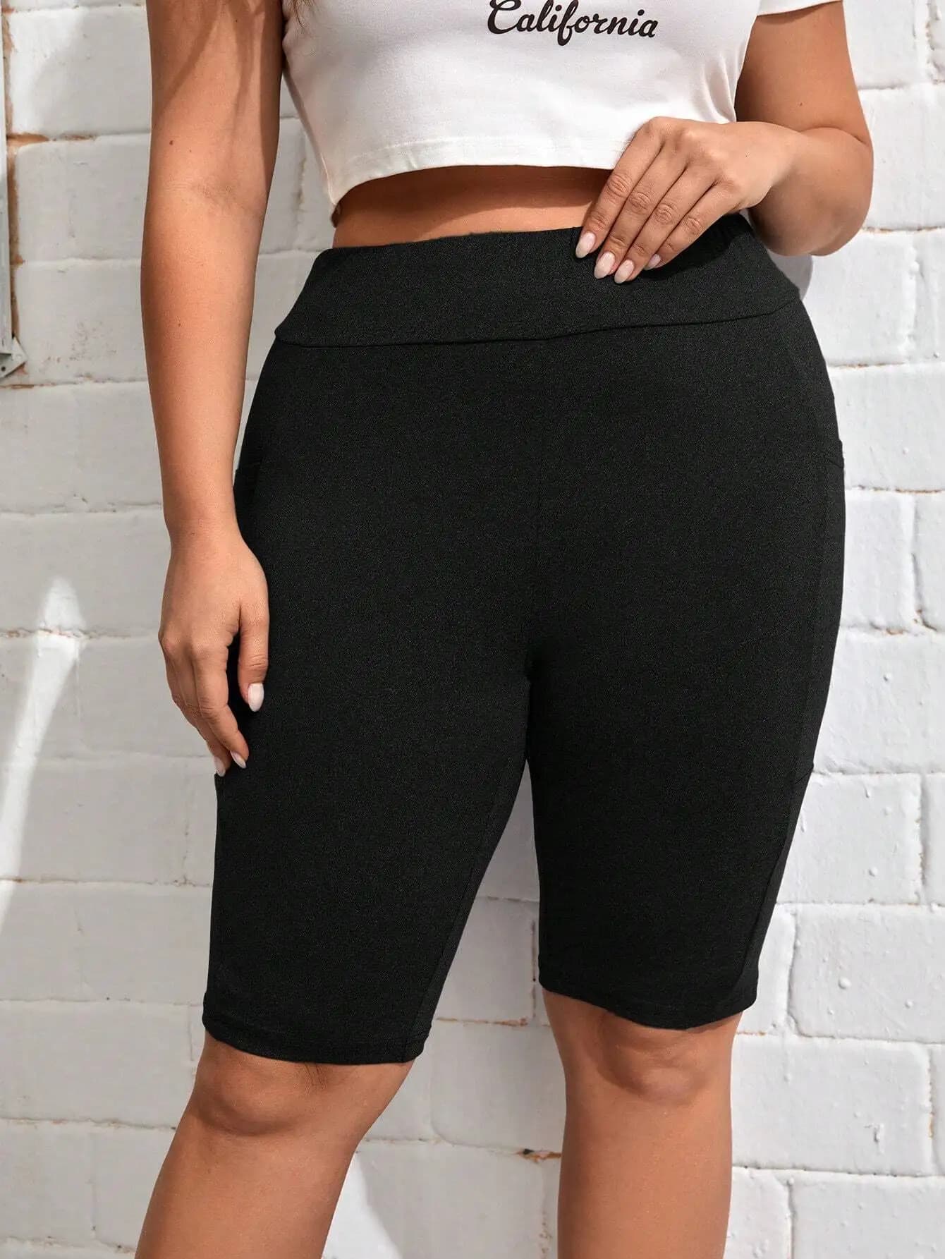 Pantaloncini da ciclista a vita alta con tasca porta cellulare da donna