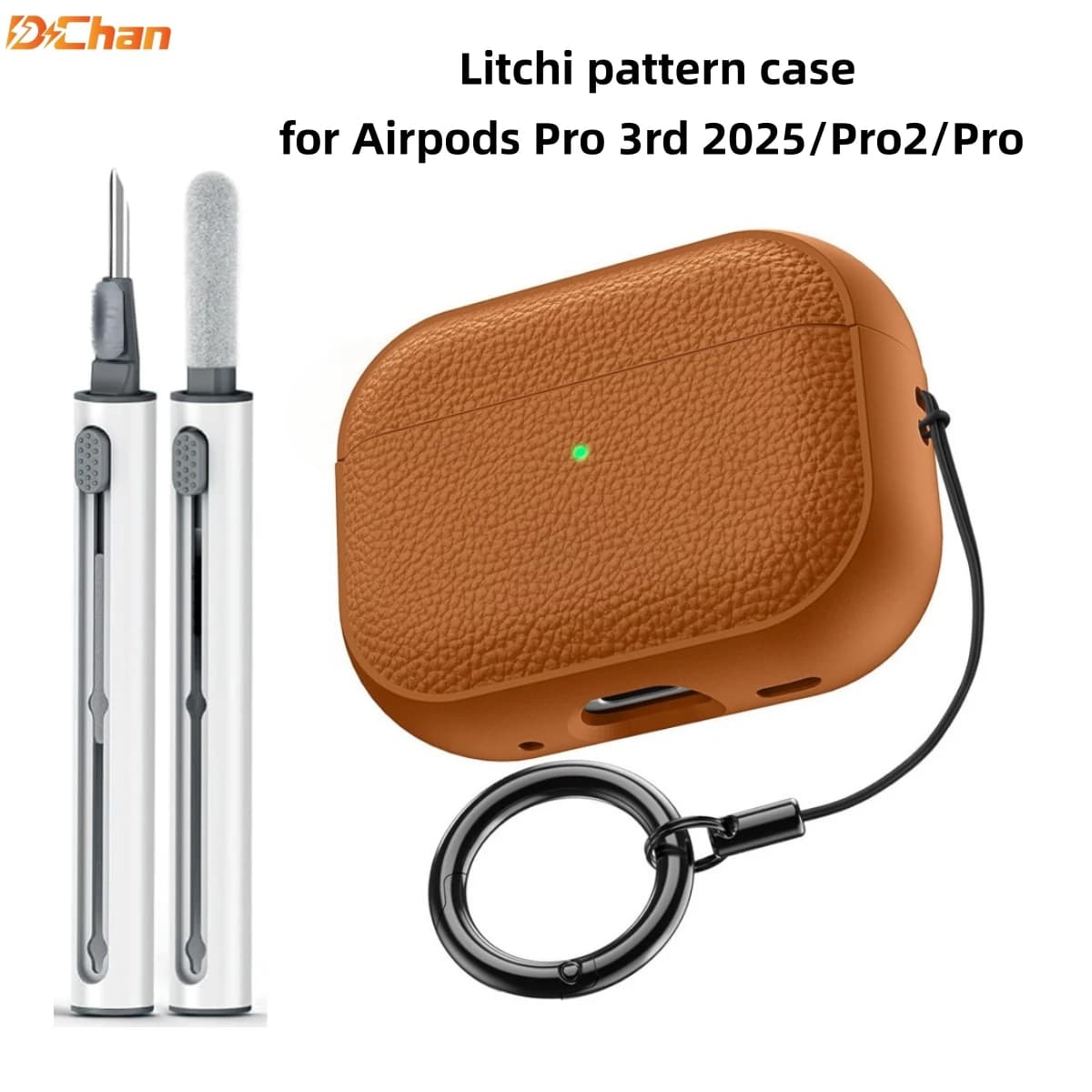 Custodia per auricolari in PU con motivo Litchi per AirPods Pro 3a generazione (2025)/Pro 2, con penna per la pulizia e anello anti-smarrimento