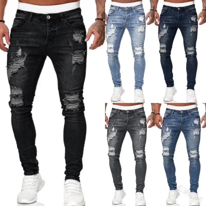 Jeans slim fit strappati da uomo Matita skinny Pantaloni in denim casual Pantaloni in denim solidi lavaggio vintage maschile Moda streetwear di vendita calda