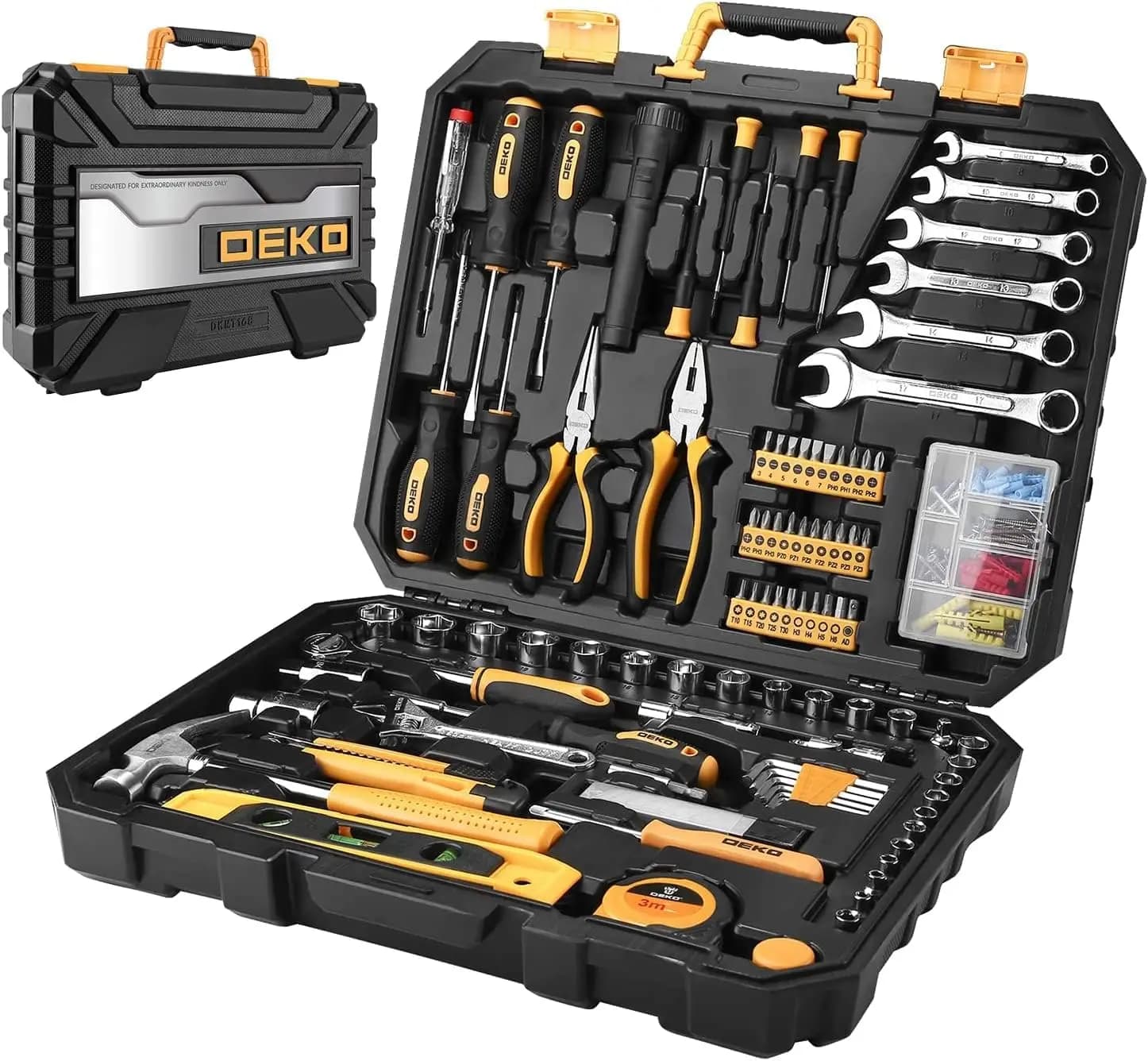 Kit di Attrezzi Manuali per Uso Domestico da 208 Pezzi, Set di Utensili per Riparazione Auto con Valigetta in Plastica