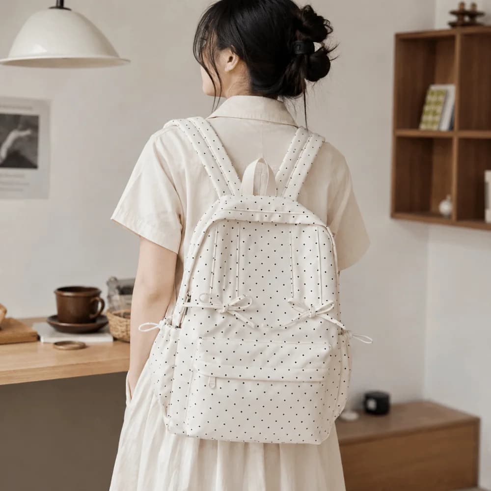 Y2k Sweet Polka Dot Backpack Large Capacity Bow Design Minimalist Rucksack Lightweight Durable Student School Bag Gift