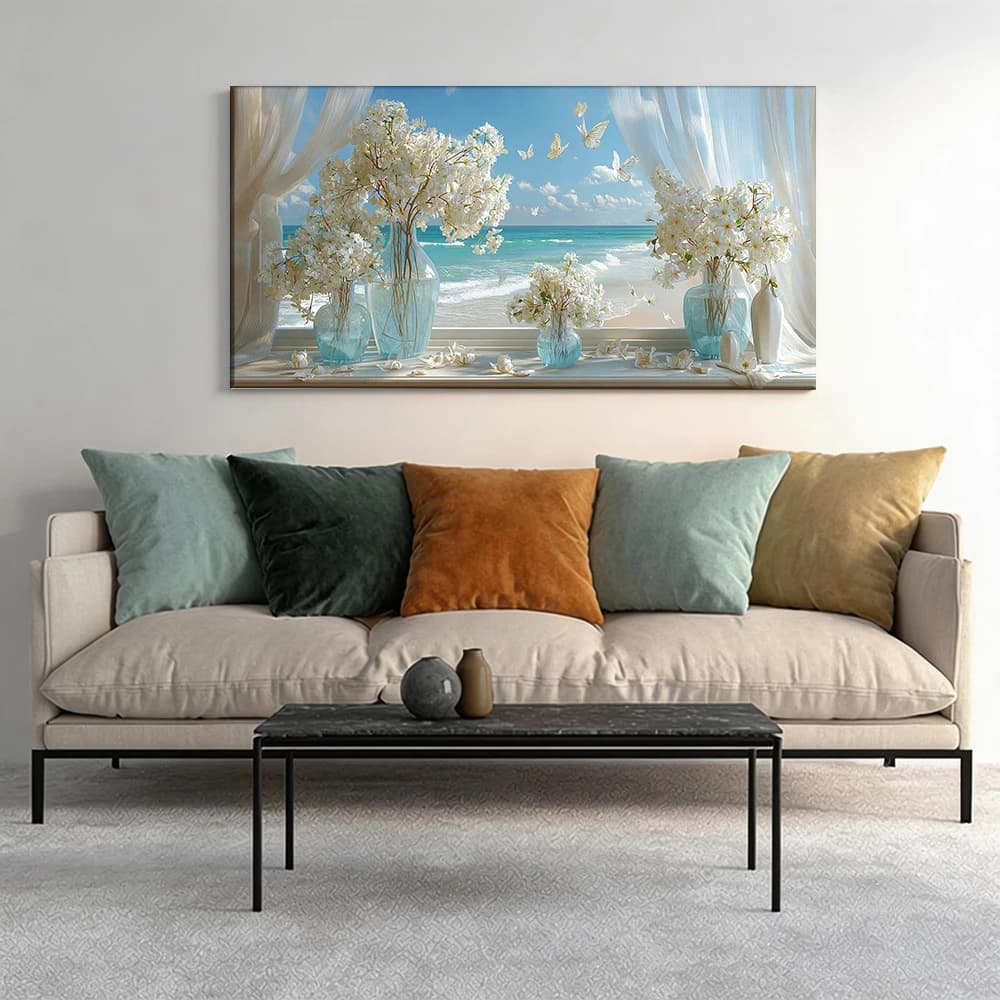 Painted on canvas with large wooden frame, 1 piece, View from the window, flowers, butterflies.