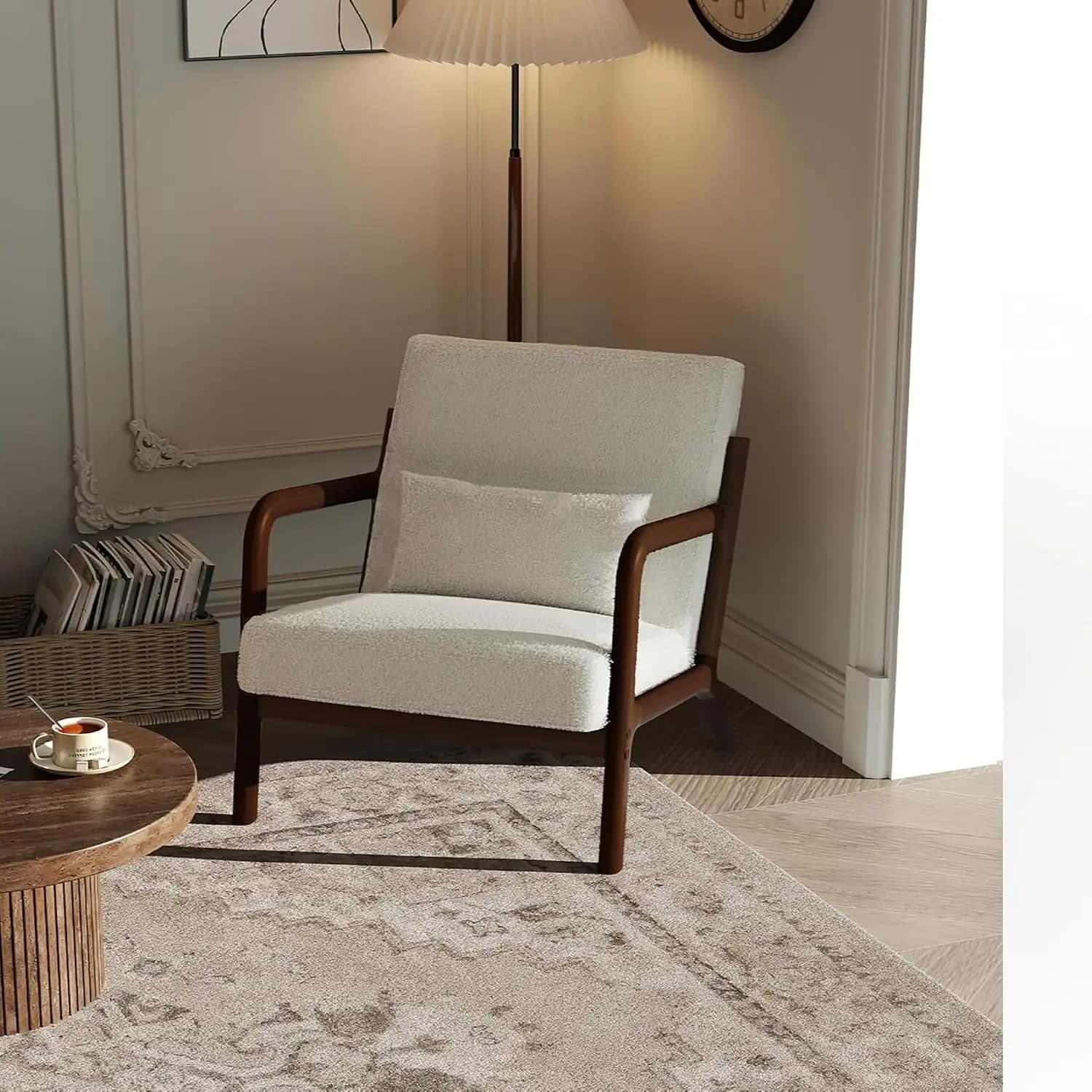 Lamb Fleece Accent Chair Wood Frame, Removable Lumbar Pillow, Padded Reading Armchair for Living Room Bedroom, Customized